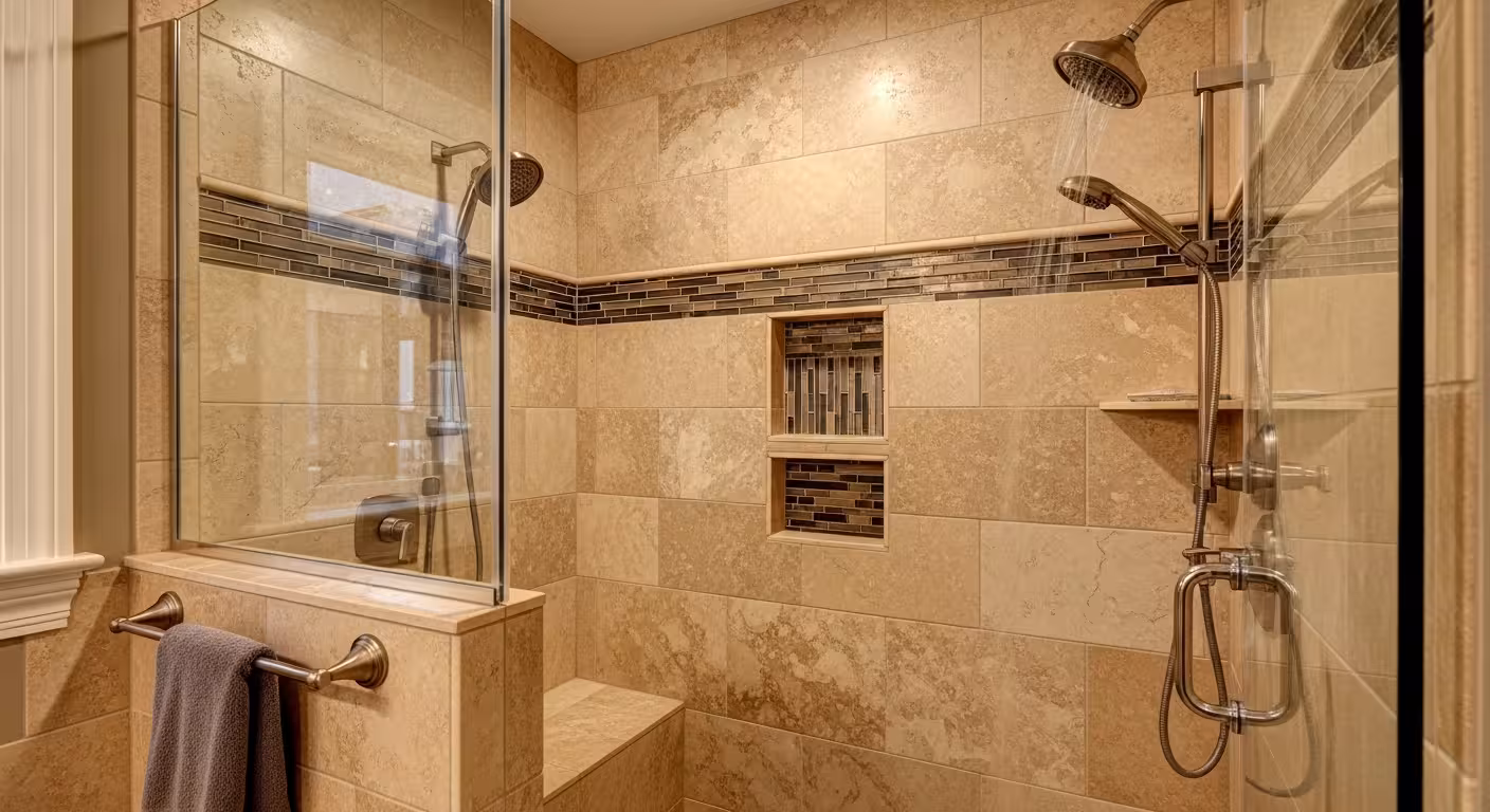 Newly installed bathroom tiles in a South Denver residence, including shower and floor.